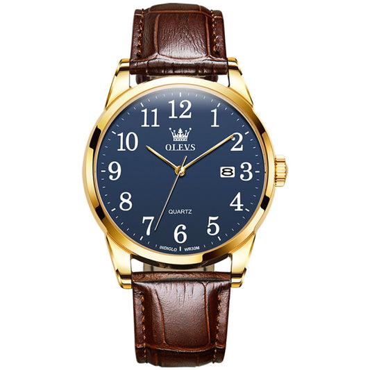 OLEVS 5566 Men Simple Single Calendar Waterproof Quartz Watch(Blue) - Leather Strap Watches by OLEVS | Online Shopping South Africa | PMC Jewellery | Buy Now Pay Later Mobicred