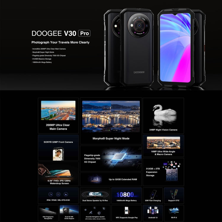 DOOGEE V30 Pro, 12GB+512GB, 200MP Camera, Side Fingerprint, 10800mAh Battery, 6.58 inch Android 13 Dimensity 7050 Octa Core, Network: 5G, OTG, NFC, Support Google Pay(Khaki) - DOOGEE by DOOGEE | Online Shopping South Africa | PMC Jewellery | Buy Now Pay Later Mobicred