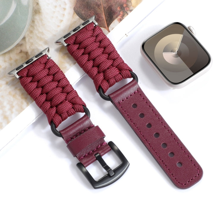For Apple Watch 42mm Plain Paracord Genuine Leather Watch Band(Wine Red) - Watch Bands by PMC TechLife | Online Shopping South Africa | PMC TechLife