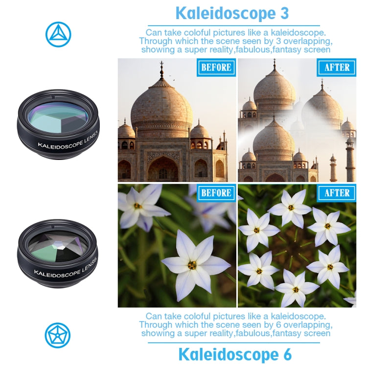 APEXEL APL-DG10 Macro Wide-angle Fisheye Telephoto CPL Flow Filter Radial Filter Star Filter Kaleidoscope 3 & 6 Lens Kit, For iPhone, Samsung, Huawei, Xiaomi, HTC and Other Smartphones, Ultra-thin Digital Camera - Combination Lens by APEXEL | Online Shopping South Africa | PMC Jewellery