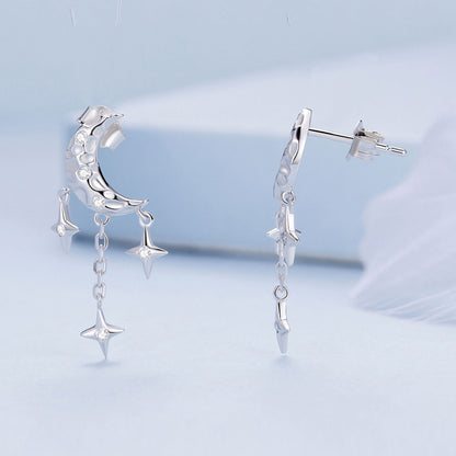 BSE858 Sterling Silver S925 White Gold Plated Zircon Moon Tassel Stud Earrings - Stud Earrings & Earrings by PMC Jewellery | Online Shopping South Africa | PMC Jewellery