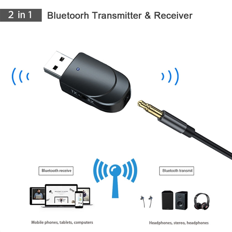 KN330 3 in 1 USB Bluetooth 5.0 Adapter Audio Transmitter Receiver with Switch Button & 3.5mm AUX Interface - Audio Receiver Transmitter by PMC Jewellery | Online Shopping South Africa | PMC Jewellery