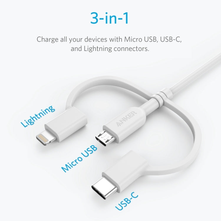 ANKER 3 in 1 8 Pin + Micro USB + USB-C / Type-C Interface MFI Certificated Data Cable(White) - free shipping - PMC TechLife - Order now!