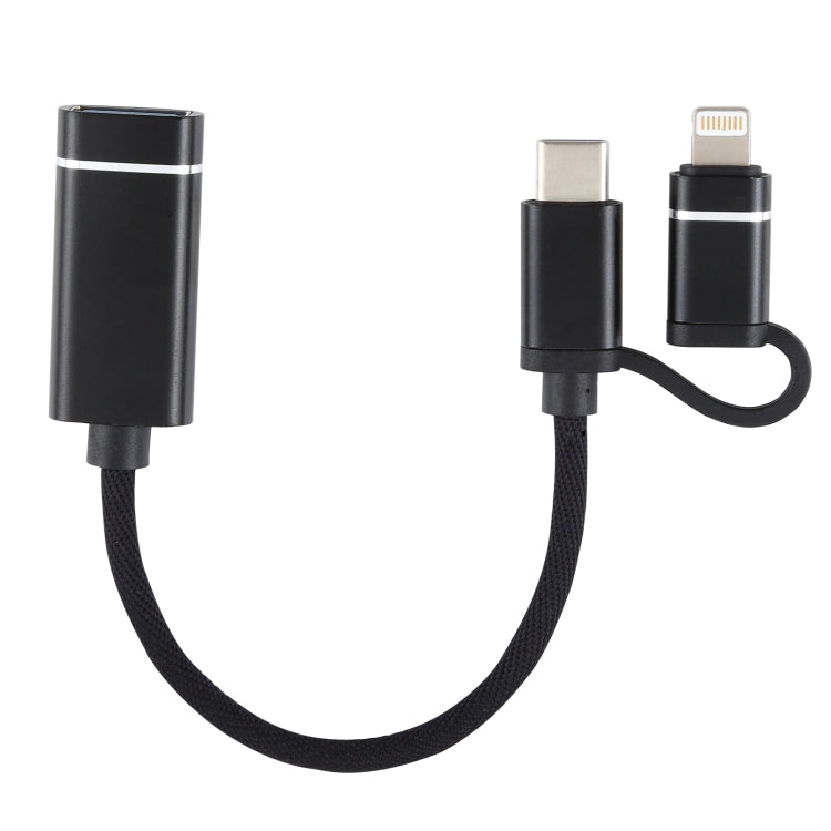 USB 3.0 Female to 8 Pin + USB-C / Type-C Male Charging + Transmission OTG Nylon Braided Adapter Cable, Cable Length: 11cm(Black) - Converter & Adapter by PMC Jewellery | Online Shopping South Africa | PMC Jewellery