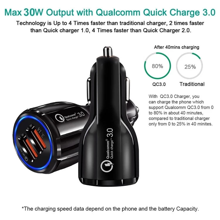 Qc3.0 Dual USB Car Charger + 8 Pin Fast Charging Line Car Charging Kit(Black) - Car Charger by PMC Jewellery | Online Shopping South Africa | PMC Jewellery