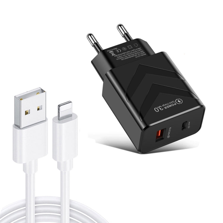 LZ-715 20W PD + QC 3.0 Dual-port Fast Charge Travel Charger with USB to 8 Pin Data Cable, EU Plug(Black) - USB Charger by PMC Jewellery | Online Shopping South Africa | PMC Jewellery