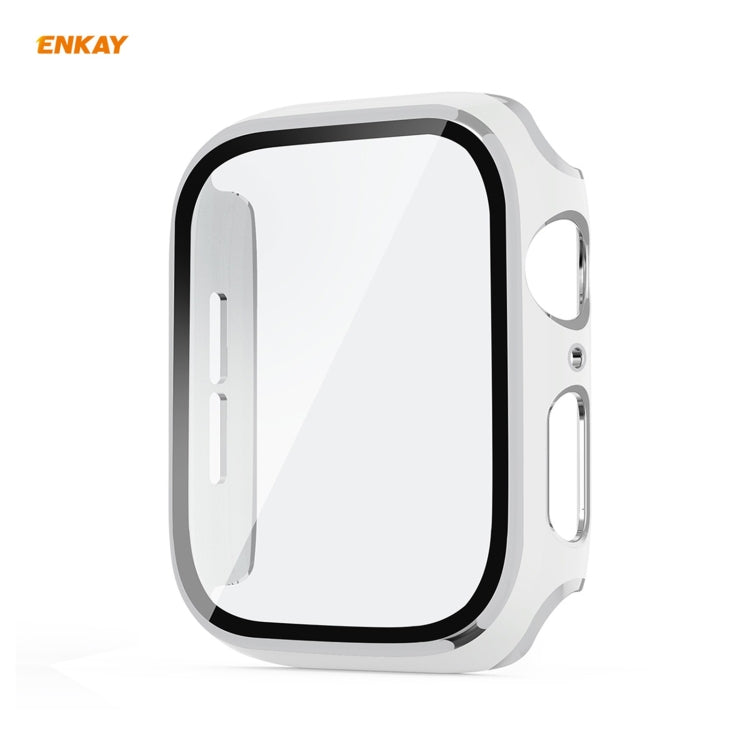 ENKAY Hat-Prince Full Coverage Electroplated PC Case + Tempered Glass Protector for Apple Watch Series 6 / 5 / 4 / SE 44mm(White+Silver) - Watch Cases by ENKAY | Online Shopping South Africa | PMC TechLife | Buy Now Pay Later Mobicred