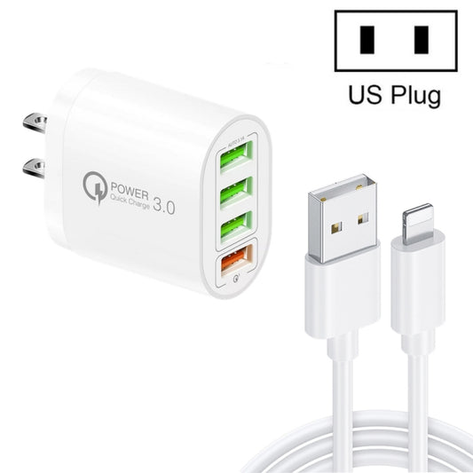 QC-04 QC3.0 + 3 x USB2.0 Multi-ports Charger with 3A USB to 8 Pin Data Cable,US Plug(White) - USB Charger by PMC Jewellery | Online Shopping South Africa | PMC Jewellery