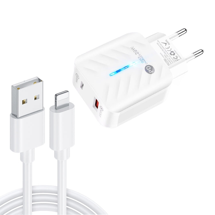 PD03 20W PD3.0 + QC3.0 USB Charger with USB to 8 Pin Data Cable, EU Plug(White) - USB Charger by PMC Jewellery | Online Shopping South Africa | PMC Jewellery