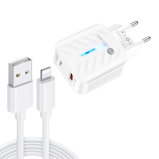 PD03 20W PD3.0 + QC3.0 USB Charger with USB to 8 Pin Data Cable, EU Plug(White) - USB Charger by PMC Jewellery | Online Shopping South Africa | PMC Jewellery