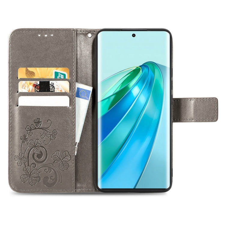 For Honor Magic5 Lite Four-leaf Clasp Embossed Buckle Leather Phone Case(Gray) - free shipping - PMC TechLife - Order now!
