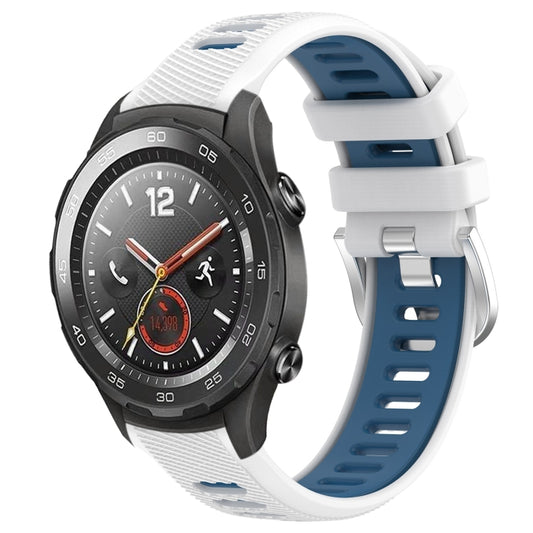For Huawei Watch 2 20mm Sports Two-Color Steel Buckle Silicone Watch Band(White+Blue) - Smart Wear by PMC Jewellery | Online Shopping South Africa | PMC Jewellery