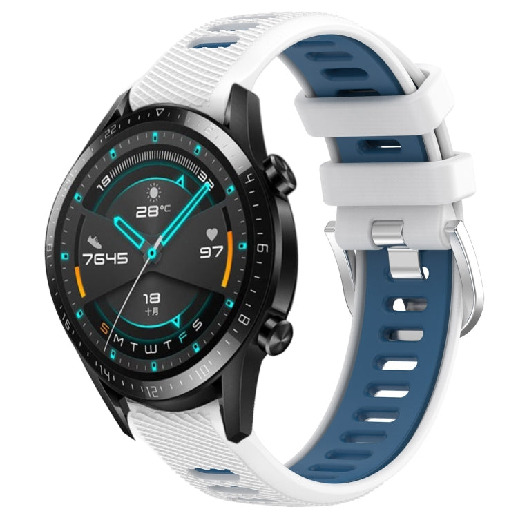 For Huawei GT2 46mm 22mm Sports Two-Color Steel Buckle Silicone Watch Band(White+Blue) - Smart Wear by PMC Jewellery | Online Shopping South Africa | PMC Jewellery