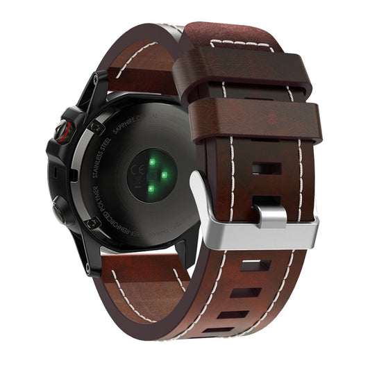 For Garmin Fenix 7X Solar 26mm Sewing Leather Steel Buckle Watch Band(Red Brown) - Smart Wear by PMC Jewellery | Online Shopping South Africa | PMC Jewellery