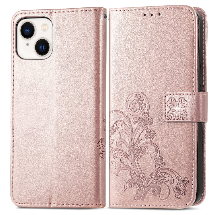 For iPhone 15 Plus Four-leaf Clasp Embossed Buckle Leather Phone Case(Rose Gold) - iPhone 15 Plus Cases by PMC Jewellery | Online Shopping South Africa | PMC Jewellery