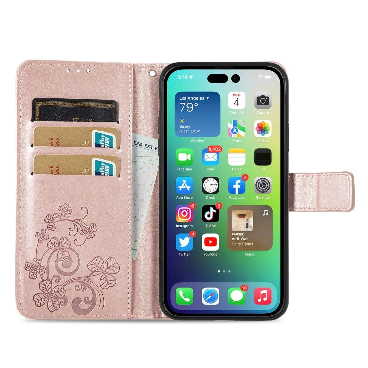 For iPhone 15 Plus Four-leaf Clasp Embossed Buckle Leather Phone Case(Rose Gold) - iPhone 15 Plus Cases by PMC Jewellery | Online Shopping South Africa | PMC Jewellery