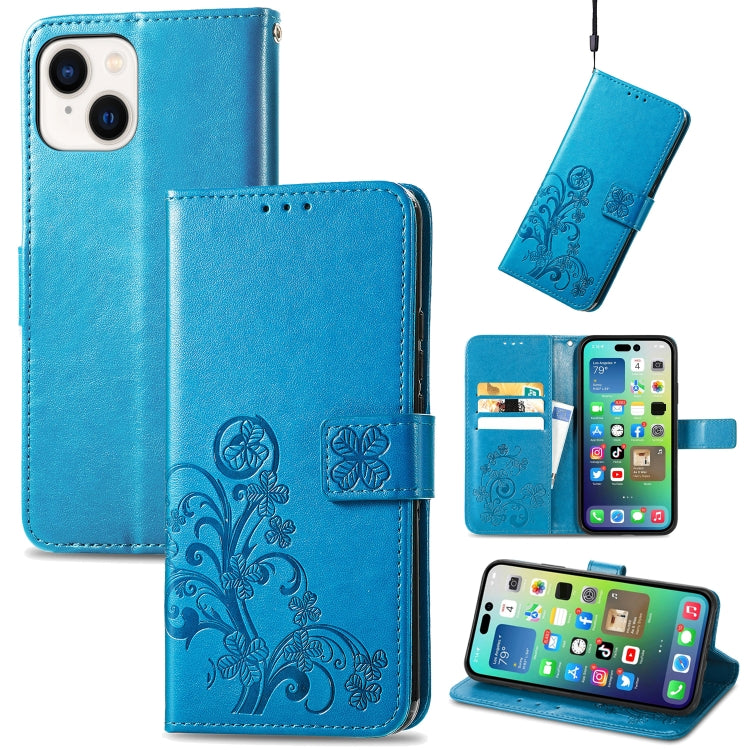For iPhone 15 Plus Four-leaf Clasp Embossed Buckle Leather Phone Case(Blue) - iPhone 15 Plus Cases by PMC TechLife | Online Shopping South Africa | PMC TechLife