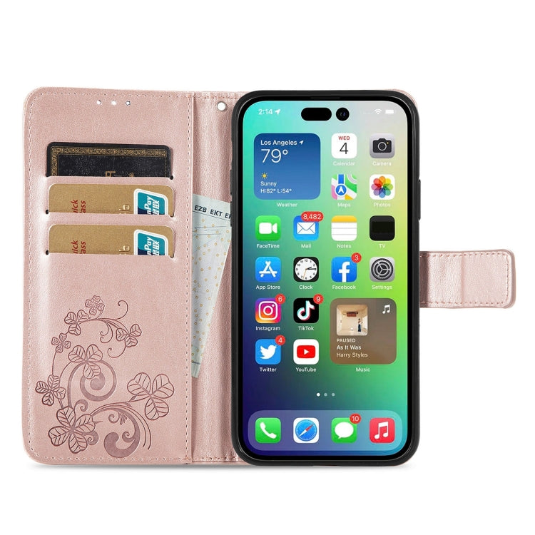 For iPhone 15 Pro Max Four-leaf Clasp Embossed Buckle Leather Phone Case(Rose Gold) - iPhone 15 Pro Max Cases by PMC Jewellery | Online Shopping South Africa | PMC Jewellery