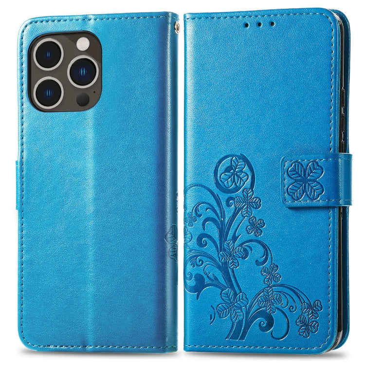 For iPhone 15 Pro Max Four-leaf Clasp Embossed Buckle Leather Phone Case(Blue) - iPhone 15 Pro Max Cases by PMC Jewellery | Online Shopping South Africa | PMC Jewellery