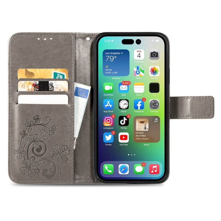 For iPhone 15 Pro Max Four-leaf Clasp Embossed Buckle Leather Phone Case(Gray) - iPhone 15 Pro Max Cases by PMC Jewellery | Online Shopping South Africa | PMC Jewellery