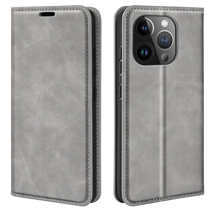 For iPhone 15 Pro Retro-skin  Magnetic Suction Leather Phone Case(Grey) - iPhone 15 Pro Cases by PMC Jewellery | Online Shopping South Africa | PMC Jewellery