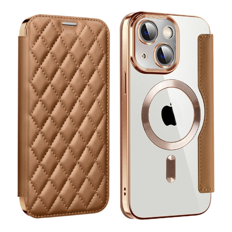 For iPhone 15 Shield Magsafe RFID Anti-theft Rhombus Leather Phone Case(Brown) - free shipping - PMC TechLife - Order now!