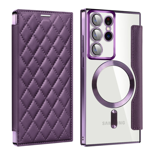 For Samsung Galaxy S22 Ultra 5G Shield Magsafe RFID Anti-theft Rhombus Leather Phone Case(Purple) - Galaxy S22 Ultra 5G Cases by PMC Jewellery | Online Shopping South Africa | PMC Jewellery