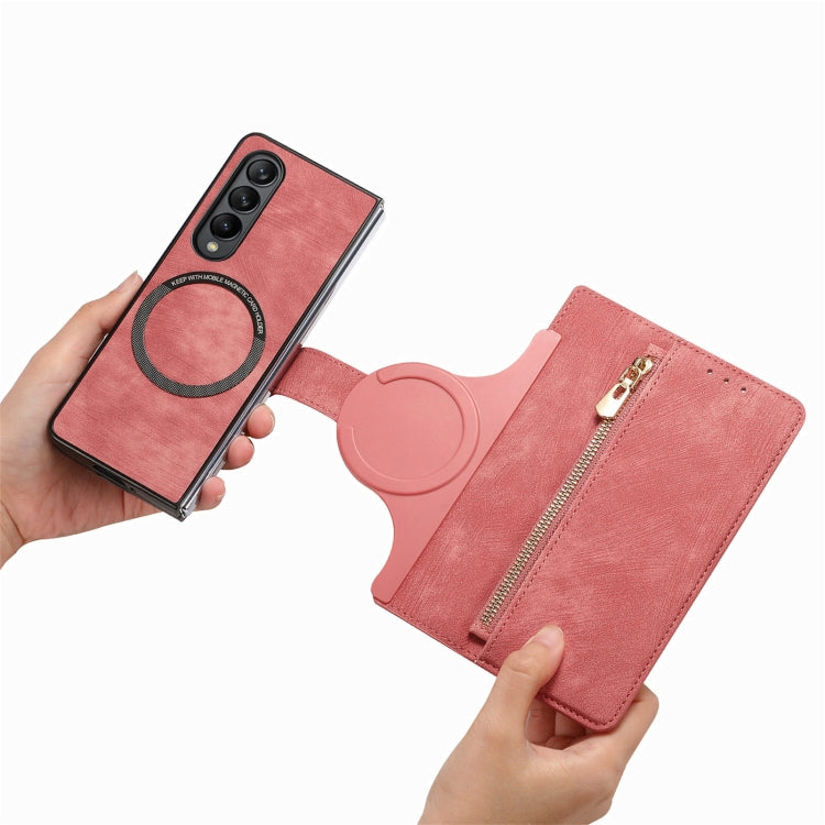 For Samsung Galaxy Z Fold4 Retro MagSafe Magnetic Zipper Wallet Leather Phone Case(Pink) - Galaxy Z Fold4 5G Cases by PMC Jewellery | Online Shopping South Africa | PMC Jewellery