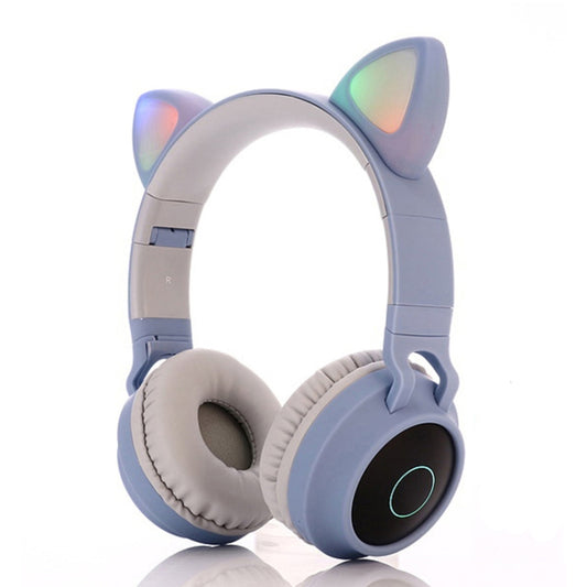 BT028C Cute Cat Ear Bluetooth 5.0 Headphones Foldable On-Ear Stereo Wireless Headset Headphone with Mic / LED Light / FM Radio / TF Card(Blue) - Headset & Headphone by PMC Jewellery | Online Shopping South Africa | PMC Jewellery