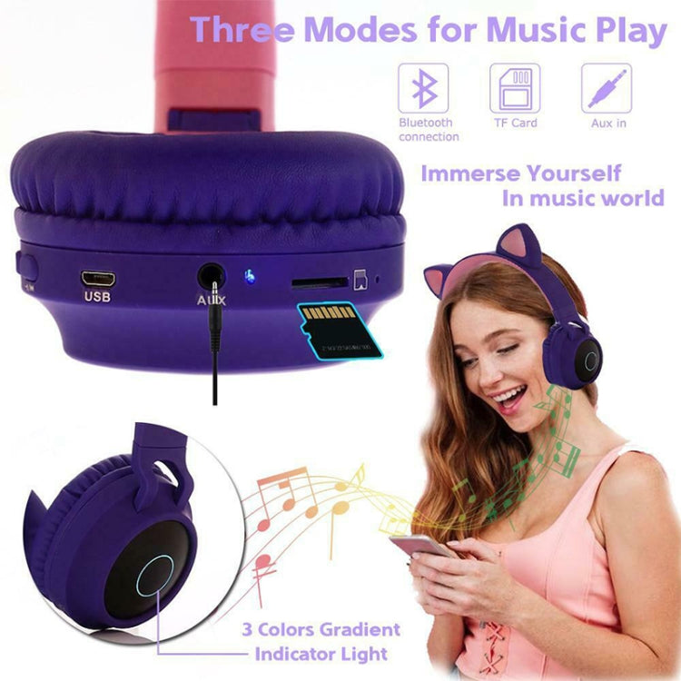 BT028C Cute Cat Ear Bluetooth 5.0 Headphones Foldable On-Ear Stereo Wireless Headset Headphone with Mic / LED Light / FM Radio / TF Card(Purple) - Headset & Headphone by PMC Jewellery | Online Shopping South Africa | PMC Jewellery