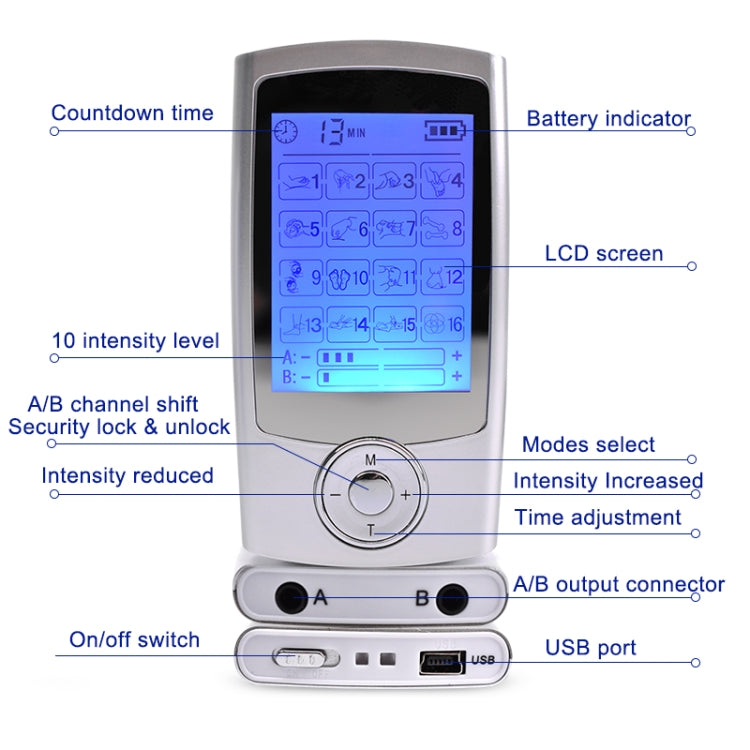 16 Mode Digital Electronic Pulse Massager Muscle Stimulator Pain Relief Machine(Silver) - free shipping - PMC TechLife - Order now!