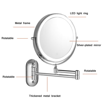 8 Inch Wall-Mounted Double-Sided Makeup Mirror LED Three-Tone Light Bathroom Mirror, Colour:Battery Models Matte Nickel Color(Five Times Magnification) - Mirror by PMC Jewellery | Online Shopping South Africa | PMC Jewellery