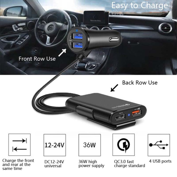 One For Four 8A Car Charger QC3.0 Fast Charge 4USB Car Front And Rear Seat Car Charger - Car Charger by PMC Jewellery | Online Shopping South Africa | PMC Jewellery