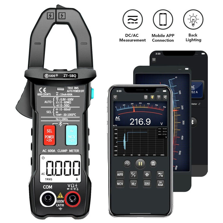 BSIDE  Bluetooth 5.0 6000 Words High Precision Smart AC Clamp Meter, Specification: ZT-5BQ+C3140 Clip - free shipping - PMC TechLife - Order now!