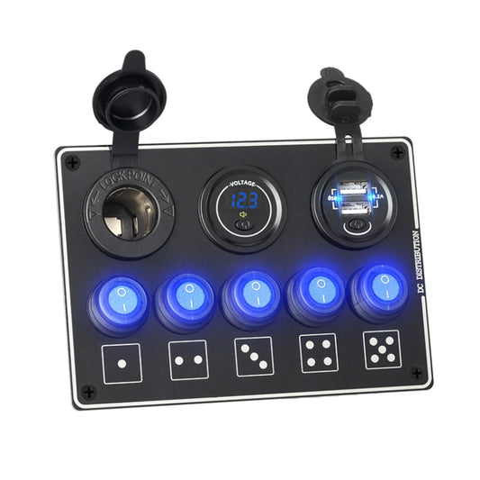 5-Position Switch Dual USB With Voltage Power Base Car Yacht RV Switch Panel Combination(Blue Light) - Car Switches by PMC Jewellery | Online Shopping South Africa | PMC Jewellery