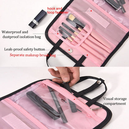 Multifunctional 2 In 1 Cosmetic Bag Portable Large Capacity Transparent Cosmetic Brush Storage Bag Wash Bag(Red + Khaki) - Storage Boxes by PMC Jewellery | Online Shopping South Africa | PMC Jewellery