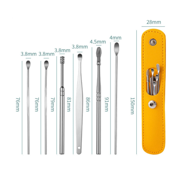 5 Sets 6 In 1 Stainless Steel Spring Spiral Portable Ear Pick, Specification: Yellow Leather Case - Ear Care Tools by PMC TechLife | Online Shopping South Africa | PMC TechLife