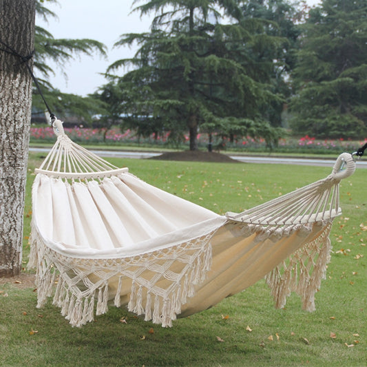 200x150cm Double Outdoor Camping Tassel Canvas Hammock with Stick(White) - Hammocks by PMC Jewellery | Online Shopping South Africa | PMC Jewellery