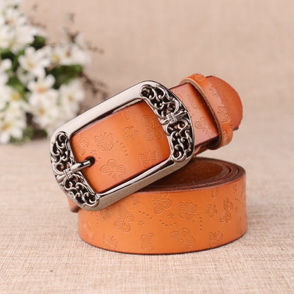 ZK--067 Retro Engraved Buckle Butterfly Print Pin Buckle Leather Belt, Length: 110cm(Brown) - Belts by PMC Jewellery | Online Shopping South Africa | PMC Jewellery