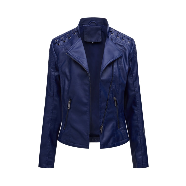 Women Short Leather Jacket Slim Jacket Motorcycle Suit, Size: S(Navy) - Jacket & Loose Coat by PMC Jewellery | Online Shopping South Africa | PMC Jewellery