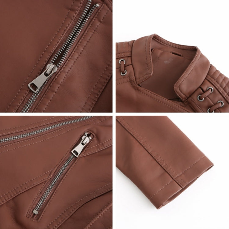 Women Short Leather Jacket Slim Jacket Motorcycle Suit, Size: XXXXL(Khaki) - Jacket & Loose Coat by PMC Jewellery | Online Shopping South Africa | PMC Jewellery
