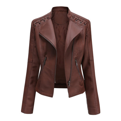 Women Short Leather Jacket Slim Jacket Motorcycle Suit, Size: XXXL(Coffee) - Jacket & Loose Coat by PMC Jewellery | Online Shopping South Africa | PMC Jewellery