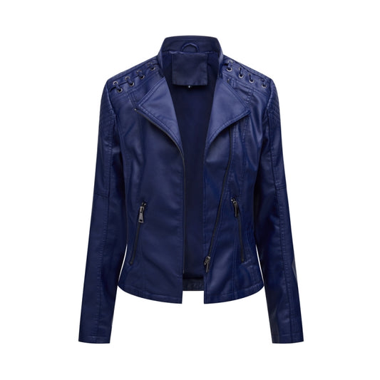 Women Short Leather Jacket Slim Jacket Motorcycle Suit, Size: XXXL(Navy) - Jacket & Loose Coat by PMC Jewellery | Online Shopping South Africa | PMC Jewellery