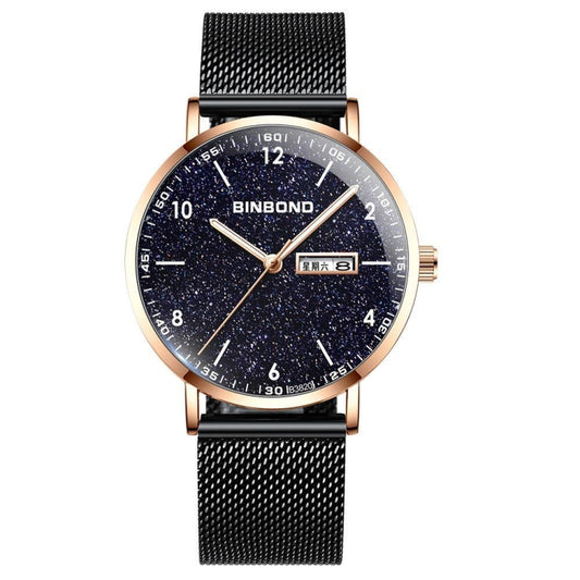 BINBOND B3820 30M Waterproof Ultra-thin Quartz Luminous Starry Watch, Color: Black Net-Rose Gold-Starry - Metal Strap Watches by BINBOND | Online Shopping South Africa | PMC Jewellery | Buy Now Pay Later Mobicred