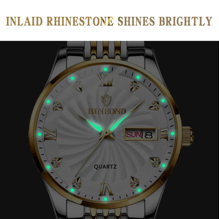 BINBOND B3034 Diamond 30m Waterproof Business Watch Men's Butterfly Buckle Luminous Quartz Watch(White Steel-Black) - Metal Strap Watches by BINBOND | Online Shopping South Africa | PMC Jewellery | Buy Now Pay Later Mobicred