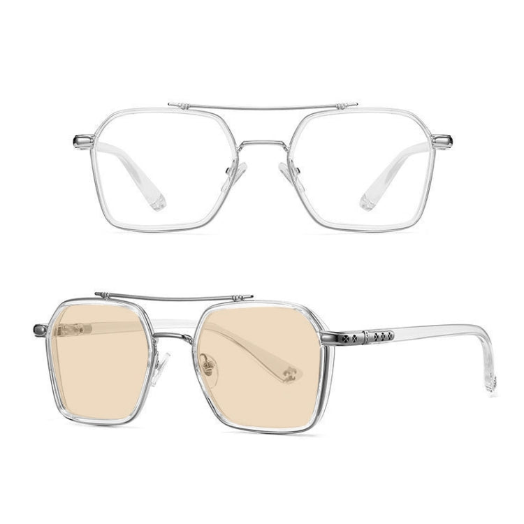 A5 Double Beam Polarized Color Changing Myopic Glasses, Lens: -50 Degrees Change Tea Color(Transparent Silver Frame) - Plain Glass Spectacles by PMC Jewellery | Online Shopping South Africa | PMC Jewellery