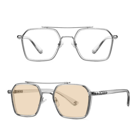 A5 Double Beam Polarized Color Changing Myopic Glasses, Lens: -150 Degrees Change Tea Color(Gray Silver Frame) - Plain Glass Spectacles by PMC Jewellery | Online Shopping South Africa | PMC Jewellery