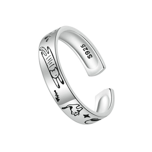 SCR951-E Engraved Cat Graffiti Sterling Silver Ring Jewelry - Rings by PMC Jewellery | Online Shopping South Africa | PMC Jewellery