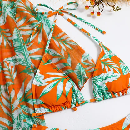 Leaf-print Waist Lace-up Three-Piece Bikini Set Long-sleeved Beach Sun Protection Swimsuit, Size: S(Light Leaf) - Swimwear by PMC Jewellery | Online Shopping South Africa | PMC Jewellery