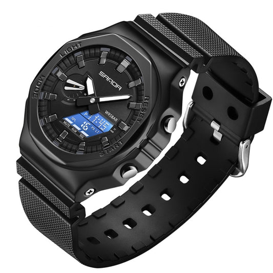 SANDA Octagonal Oak Hand Lamp Waterproof Sports Alarm Clock Men Watch(Black White) - Silicone Strap Watches by SANDA | Online Shopping South Africa | PMC Jewellery | Buy Now Pay Later Mobicred